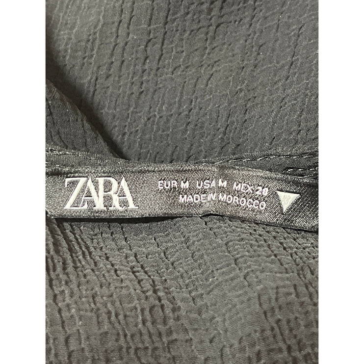 Zara Women's Black Plunge V-neck Ruffle Collar Long Sleeve Sheer Blouse Top Sz M