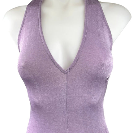 Princess Polly Purple Metallic Knit Halter V-neck Backless Thong Bodysuit Top 2
