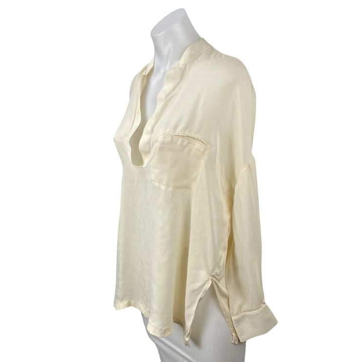 Vince 100% Silk Women's Cream V Neck Long Sleeve Tunic Henley Shirt Blouse Top S