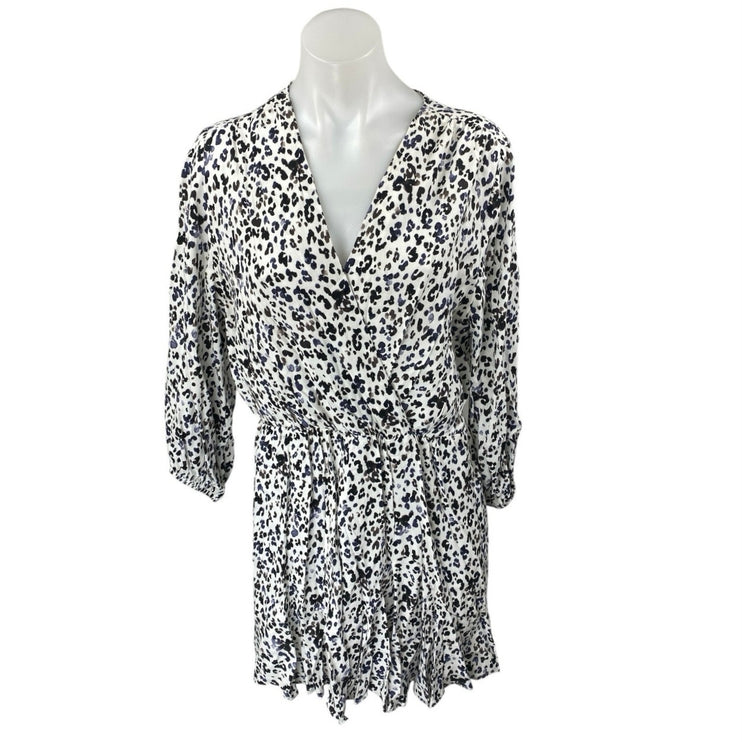 Zara White Black Leopard Long Sleeve V Neck Pleated Faux Wrap Aline Mini Dress L