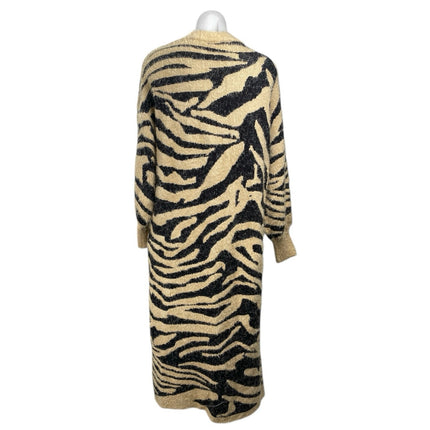 Women's Beige Black Tiger Print Eyelash Knit Longline Cardigan Sweater Top Sz S