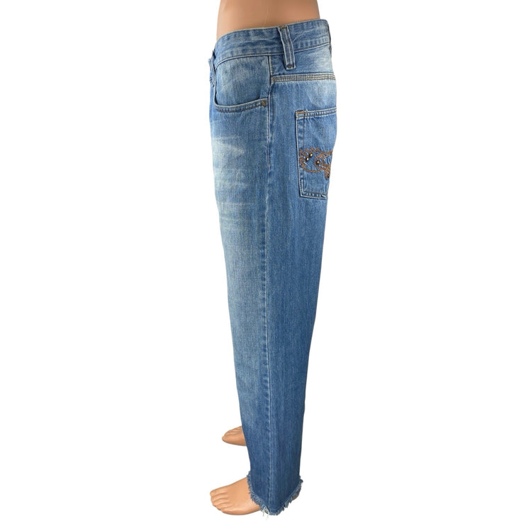 Dsquared2 Men's Blue Acid Wash Straight Leg Frayed Raw Hem Denim Jeans Pants 34