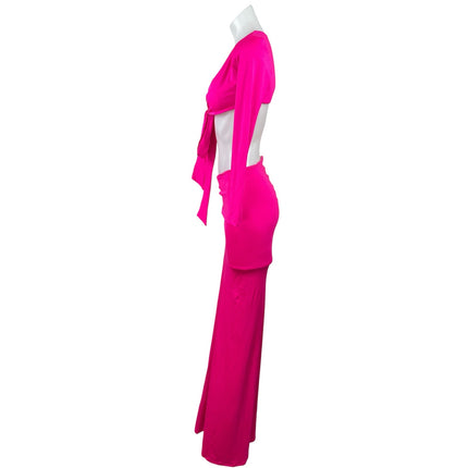 Polly Womens Pink Long Sleeve Tie Front Crop Top & Ruched Slit Maxi Skirt Size 2