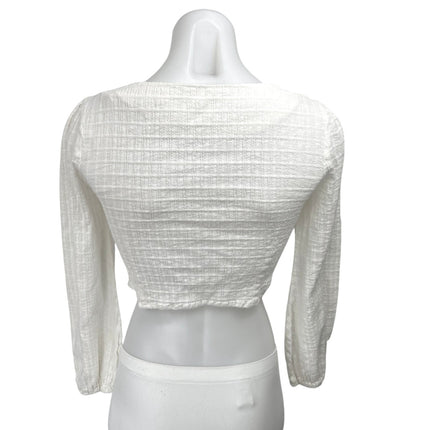 Line & Dot Fall For You White Long Puff Sleeve V-neck Button Crop Blouse Top XS