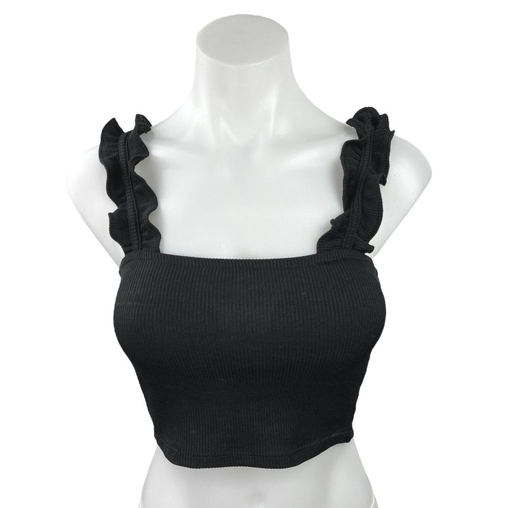 Zara Black Ribbed Knit Square Neck Ruffle Strap Sleeveless Tank Crop Top Size S