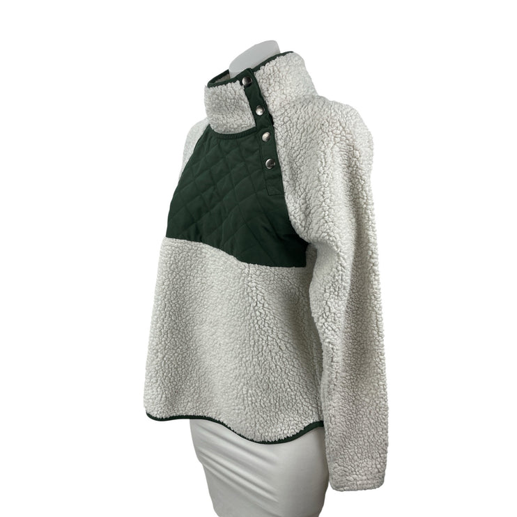 Abercrombie & Fitch White Green Quilted Faux Sherpa Snap Sweater Top Size S