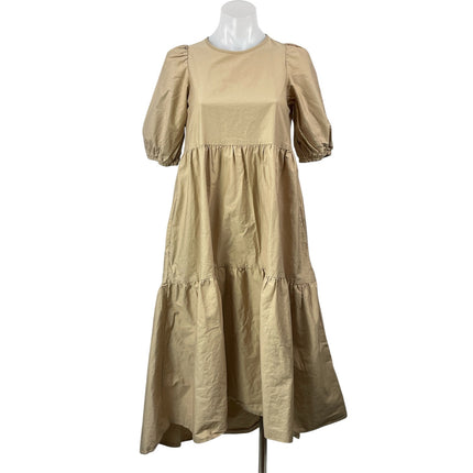 Zara Beige Short Puff Sleeves Tiered Smocked Asymmetric Hem Midi Poplin Dress S