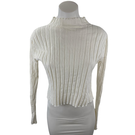 Zara Women's White Long Sleeve Ribbed Knit Lettuce Mock Neck Sweater Top Size L