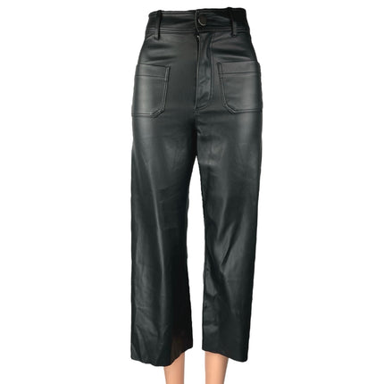 Zara Black Faux Vegan Leather Straight Wide Leg High Rise Crop Trousers Pants 0