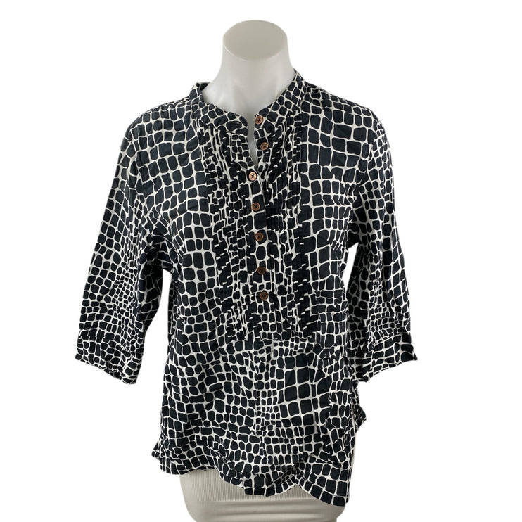 Isaac Mizrahi Live Women's Black Snakeskin Pintucked Blouse Shirt Top Size L