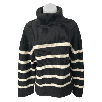 Zara Black White Striped Rib Knit Turtleneck Long Sleeve Pullover Sweater Top M