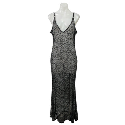NEW PrettyLittleThing Black Sequin V Neck Sheer Cami Tank Maxi Dress Size 12