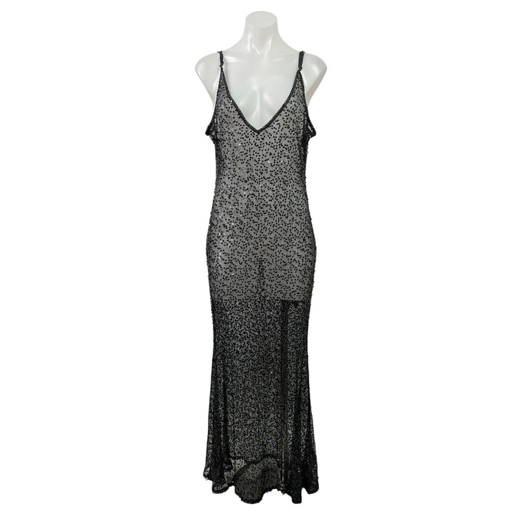 NEW PrettyLittleThing Black Sequin V Neck Sheer Cami Tank Maxi Dress Size 12