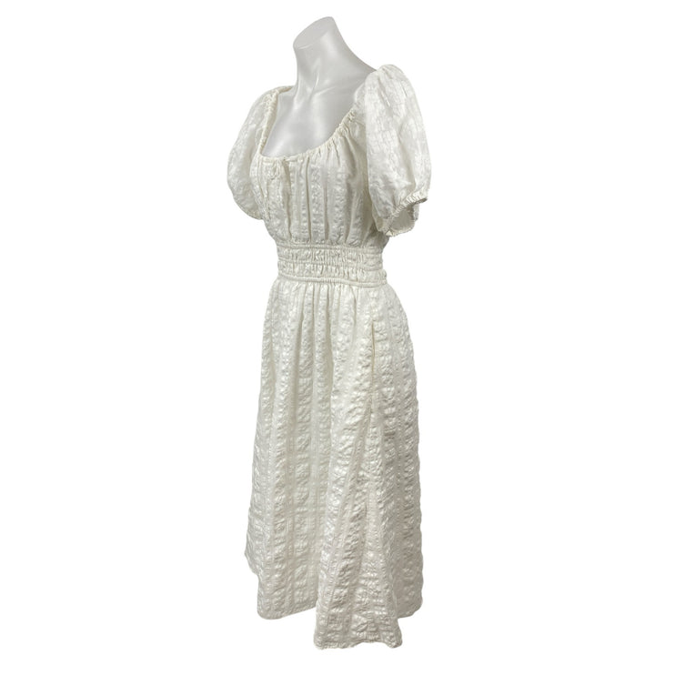 Madewell Sophia White Short Puff Sleeve Seersucker Check A Line Midi Dress Sz M