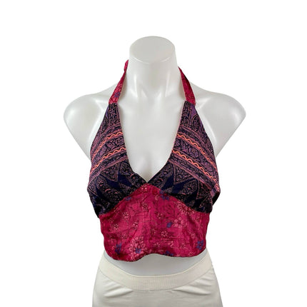 Women's Multicolor Floral Sleeveless Halter Neck Tie Bralette Crop Tank Top S/M