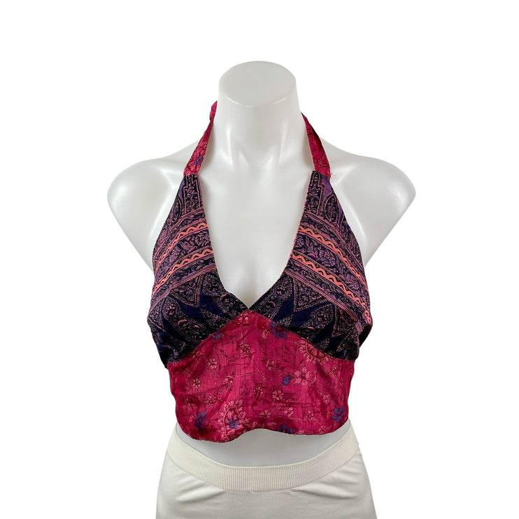 Women's Multicolor Floral Sleeveless Halter Neck Tie Bralette Crop Tank Top S/M