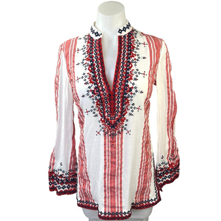 Tory Burch Red White Striped Embroidered Long Sleeve Tunic Blouse Top Size S