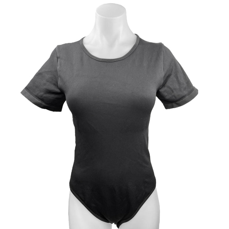 OQQ Black Ribbed Crewneck Short Sleeve Stretch Bodysuit T-Shirt Top Size XL