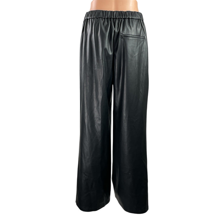 CDI Women's Black Faux Leather Vegan High Rise Wide Leg Trousers Pants Size M