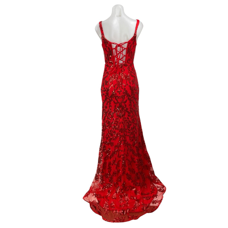 HY Red Sequin Sparkly Sleeveless Plunge V Neck Slit Cami A Line Maxi Dress M