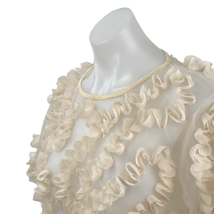 Zara Women's Cream Sheer Mesh Ruffle 3D Short Sleeve Cropped Blouse Top Size M