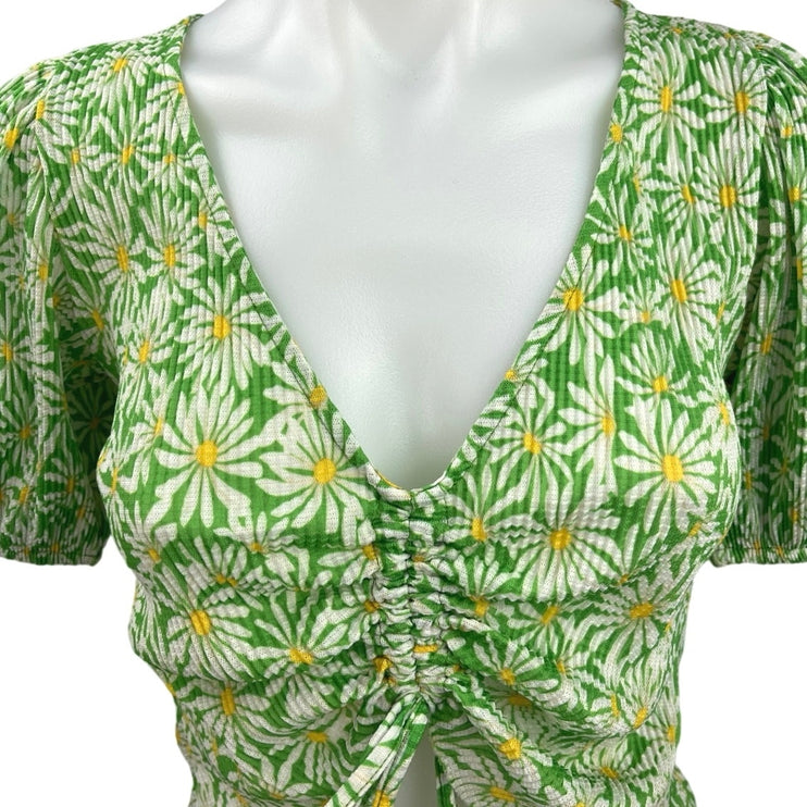 Zara Green Floral Puff Sleeve Deep V Tropical Ruched Tie Crop Blouse Top Size S