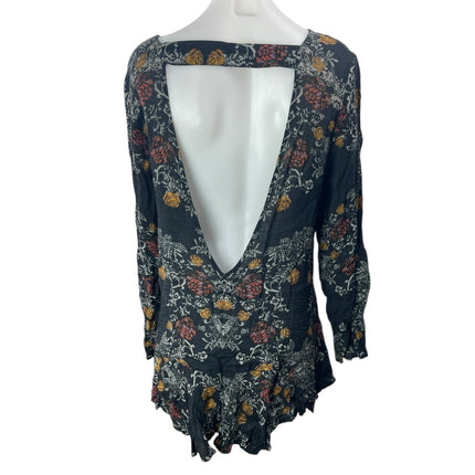 Free People Smooth Talker Black Floral Open Back Long Sleeve Tunic Mini Dress L