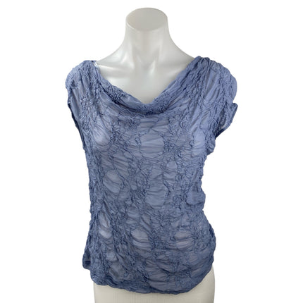 Zara Womens Blue Textured Ruched Cowl Neck Short Cap Sleeve Blouse Top Size L