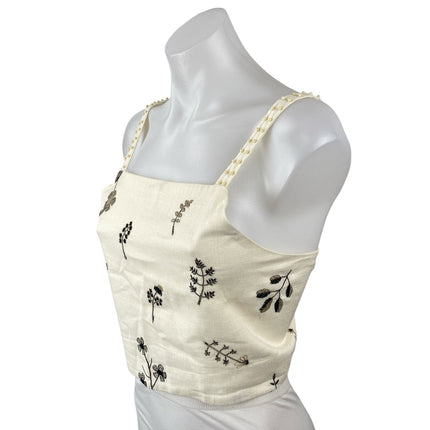 Zara Women's Cream Beaded Embroidered Leaf Sleeveless Tie Cami Crop Top Size L