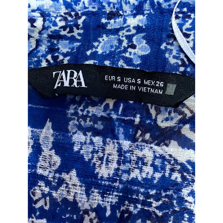 ZARA Blue White Paisley Short Sleeve Button Down Collared Midi Shirt Dress Sz S