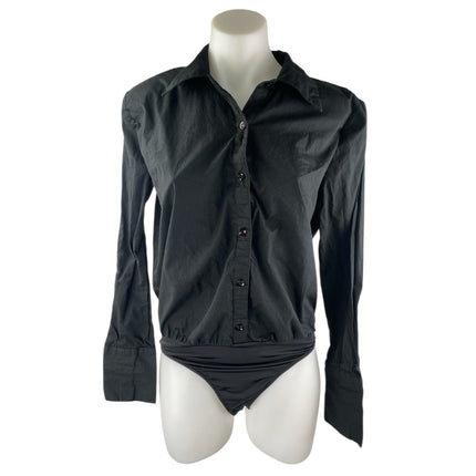 WeWoreWhat Women's Black Collared Long Sleeve Button Down Bodysuit Shirt Top M