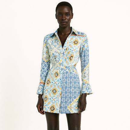 Zara Multicolor Patchwork Floral Long Sleeve Button Down Shirt Mini Dress Sz XS