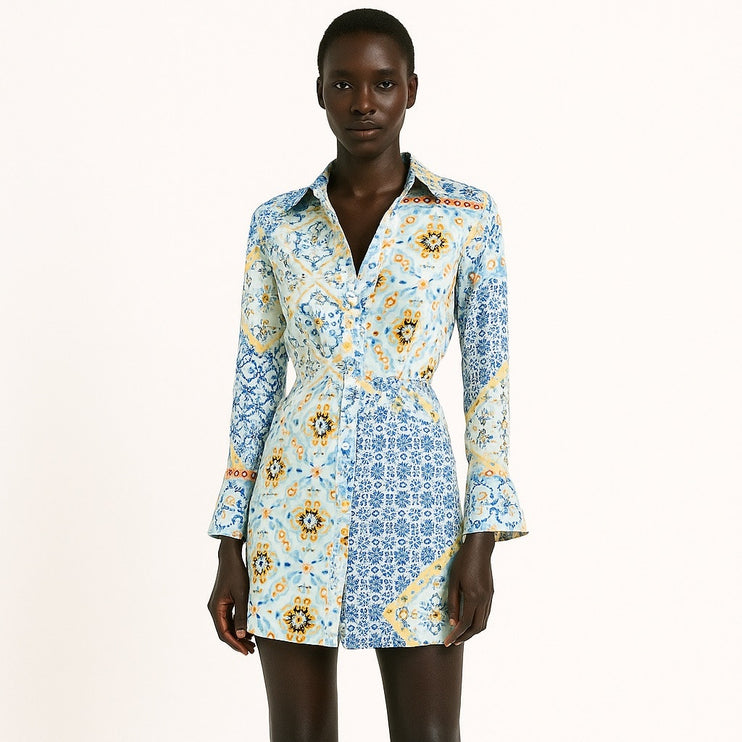 Zara Multicolor Patchwork Floral Long Sleeve Button Down Shirt Mini Dress Sz XS