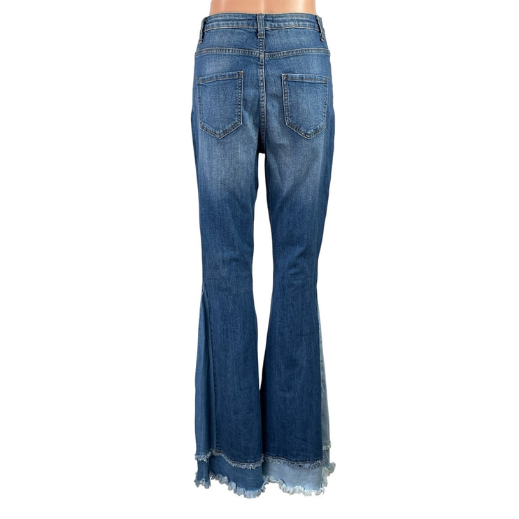 Fashion Nova Women Blue Layered Patchwork Flare Bootcut Bell Bottom Denim Jean L