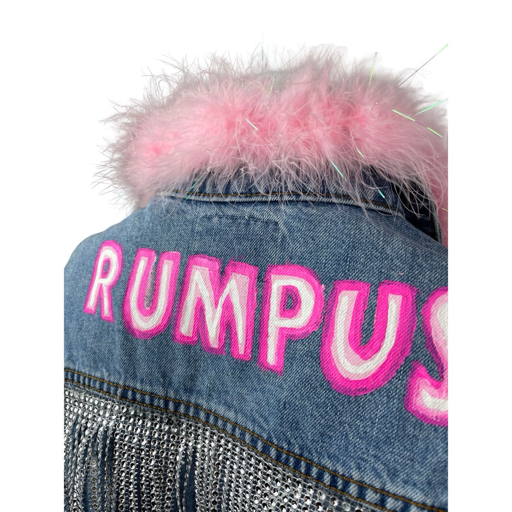 Tinseltown Pearl Stud Faux Fur Trim Rhinestone Fringe Ripped Denim Coat Jacket M