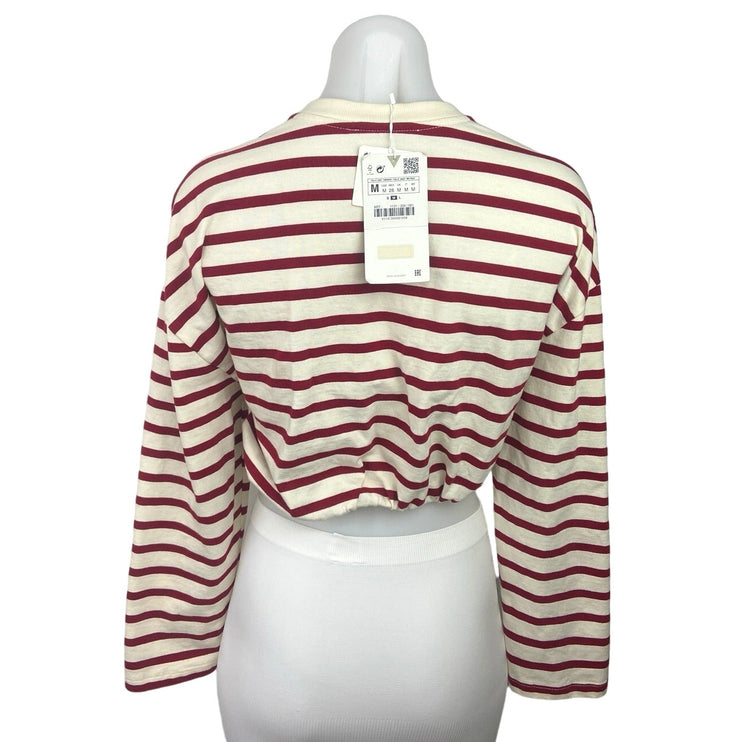 Zara NWT White Red Striped Crew Neck Long Sleeve Garterized Crop Pullover Top M