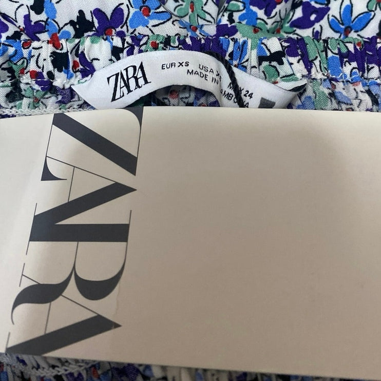 NEW Zara Women's Blue Floral Sleeveless Slit Midi Tank A-Line Slip Dress Size XS