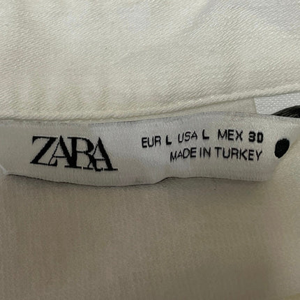 Zara Womens White Linen Long Sleeve Ruched Collared Button Down Shirt Top Size L