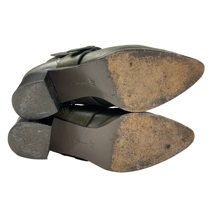 Jason Wu Green Double Buckle Strap Pointed Toe Block Heel Ankle Booties Size 9.5