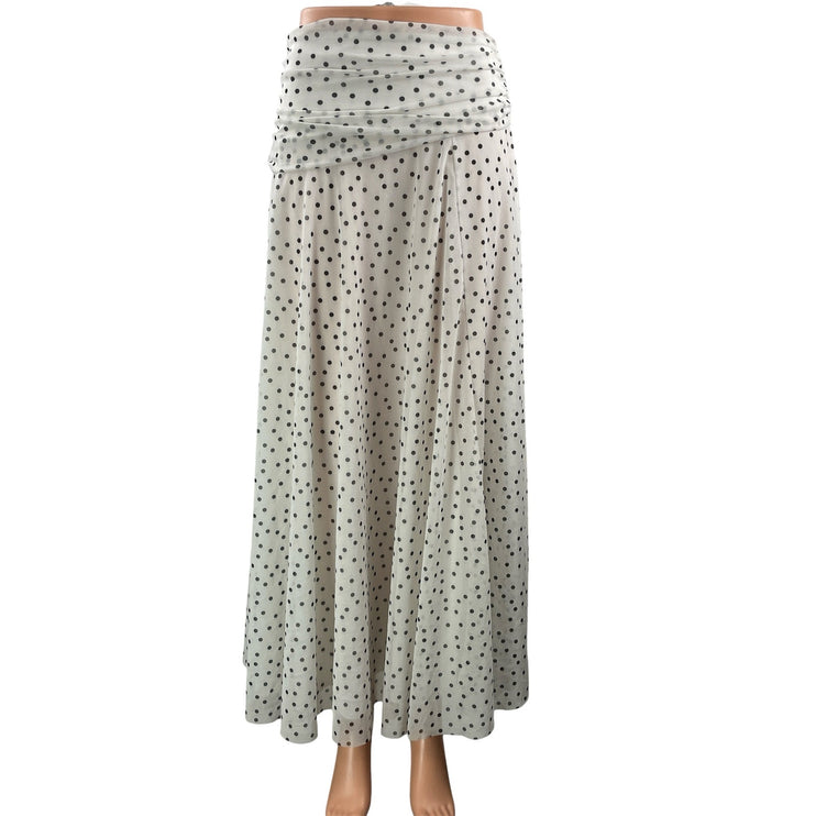 Zara Women's White Black Polka Dots Ruched Draped Flowy Mesh Maxi Skirt Size S