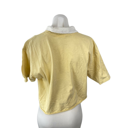 Morning Sun Women's Yellow Floral Print Collared Short Sleeve Blouse Top Size S