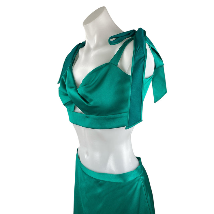 NEW Liv Foster Women's Green Satin Twist Front Crop Top Midi A-Line Skirt Set 6