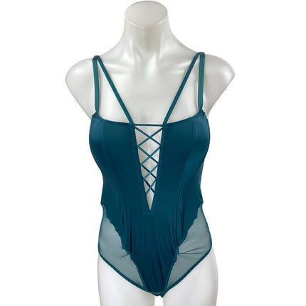 Victoria's Secret Green Crisscross Corset Mesh Lingerie Teddy Bodysuit Size M