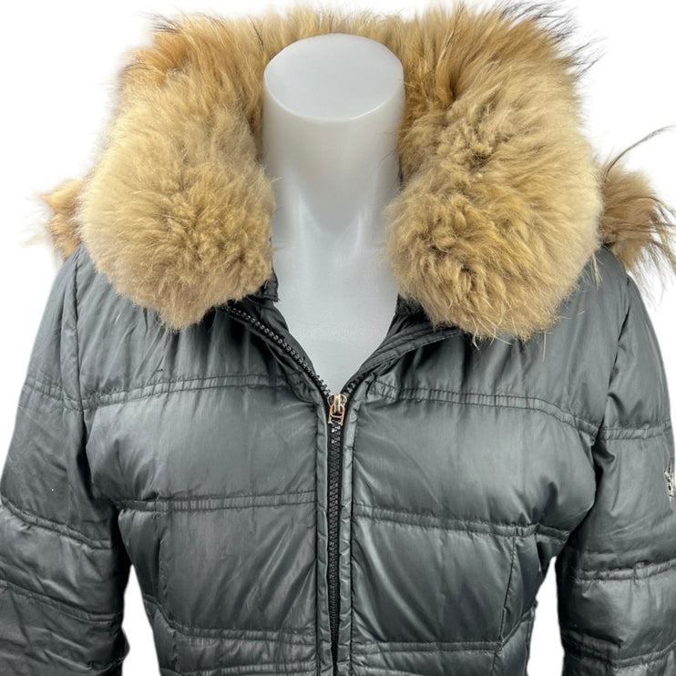 Dawn Levy Womens Black Zip Up Hooded Fur Collar Goose Down Puffer Coat Jacket M