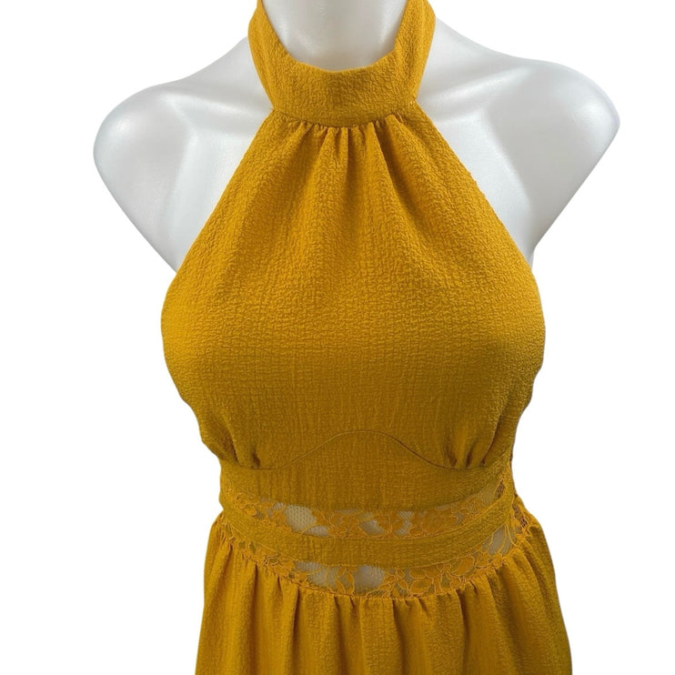 Lulus Sunshine Fine Yellow Sleeveless Lace Tiered Halter Midi A-Line Dress Sz XS