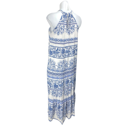 Ann Taylor LOFT White Blue Floral Sleeveless High Neck Midi Shift Dres Brie Ann Taylor LOFT White Blue Floral Sleeveless High Neck Midi Shift Dres Brie