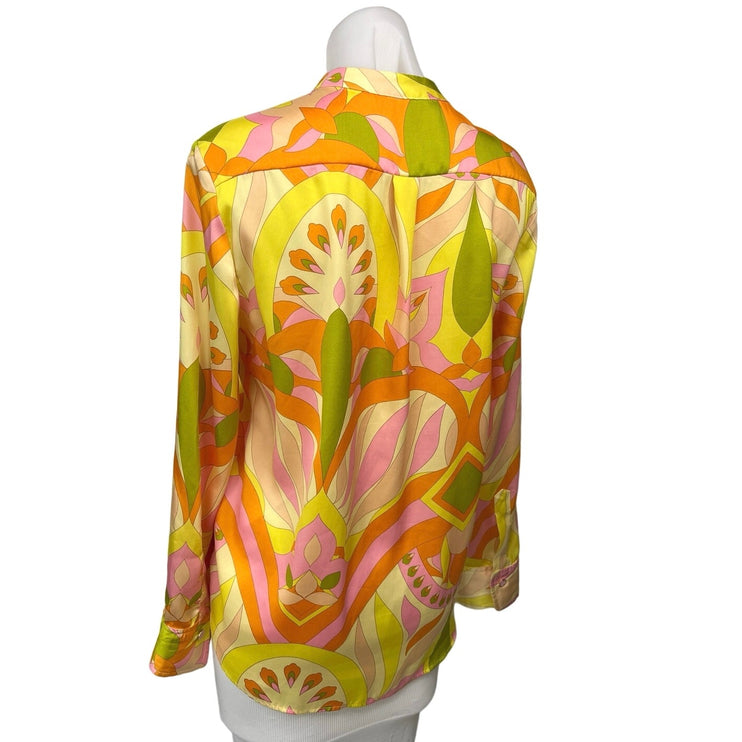 Zara Yellow Orange Silk Satin Abstract Long Sleeve Button Down Shirt Top Size S