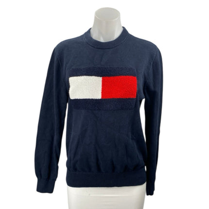 Tommy Hilfiger Women's Blue Fleece Logo Crewneck Long Sleeve Sweater Top Size S