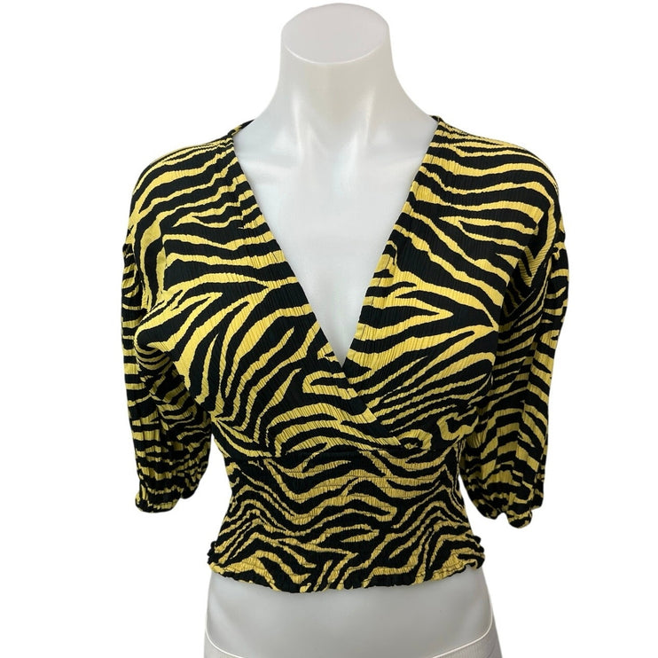 Faithfull The Brand Amaia Zebra Print Yellow Black V-neck Crop Top Blouse Size 2