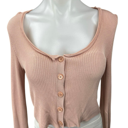 Zara Pink Ribbed Knit Button Down Long Sleeve Crop Cardigan Sweater Top Size S